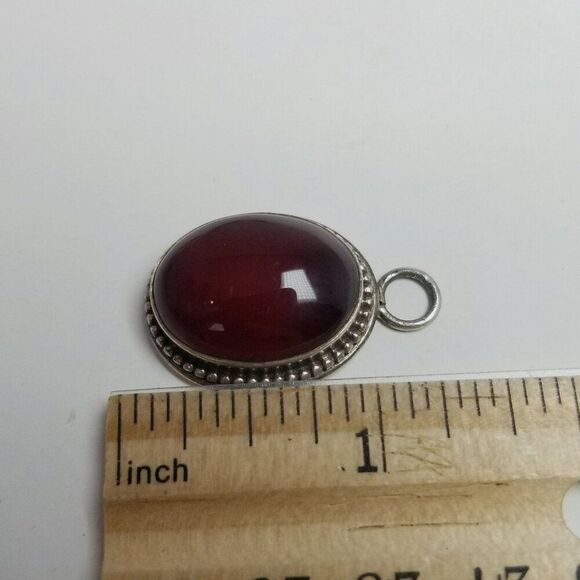 Vintage Sterling Silver Dark Red Glass Cabochon Pendant Charm Oval Shape, Estate - Picture 6 of 7